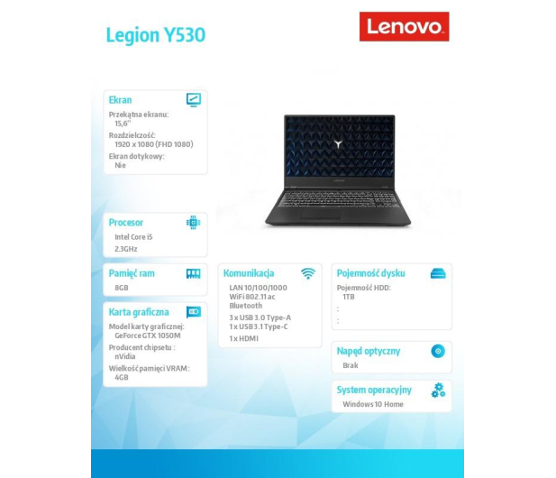 Lenovo Legion Y530 i5-8300H/8GB/1000GB HDD/GeForce GTX 1050M/15.6'' - 1465320 - zdjęcie 6